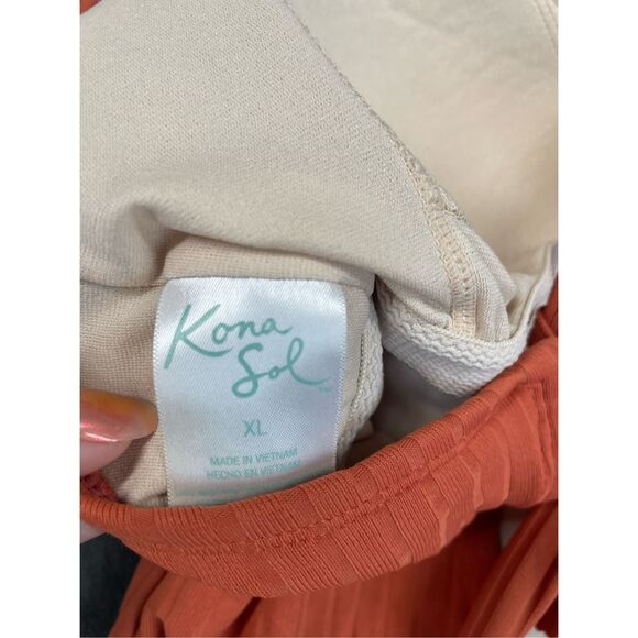 Kona Sol One Piece Swimsuit Women XL Orange Ribbed Ring Front V Neck Summer Swim - Picture 9 of 10